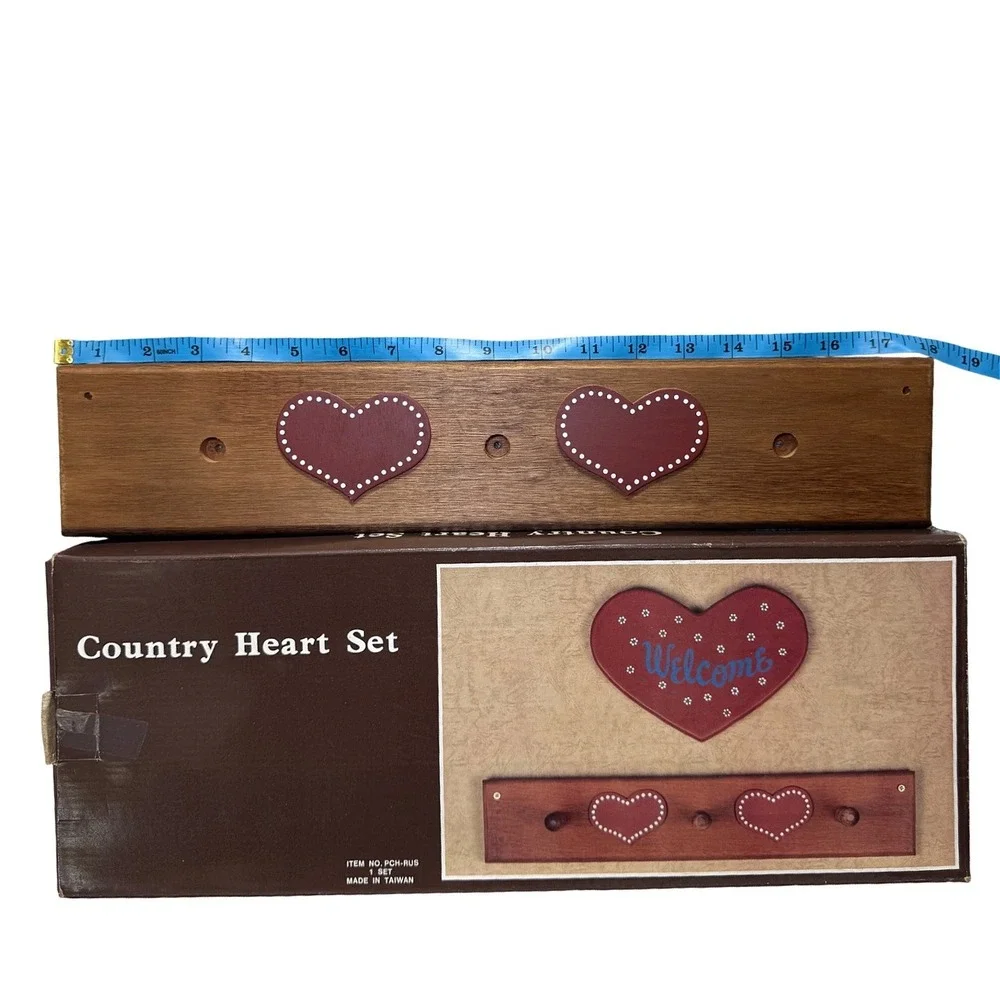 Vintage Country Heart Wooden Wall Hanging Rack Welcome Sign NOS Cottagecore Prim